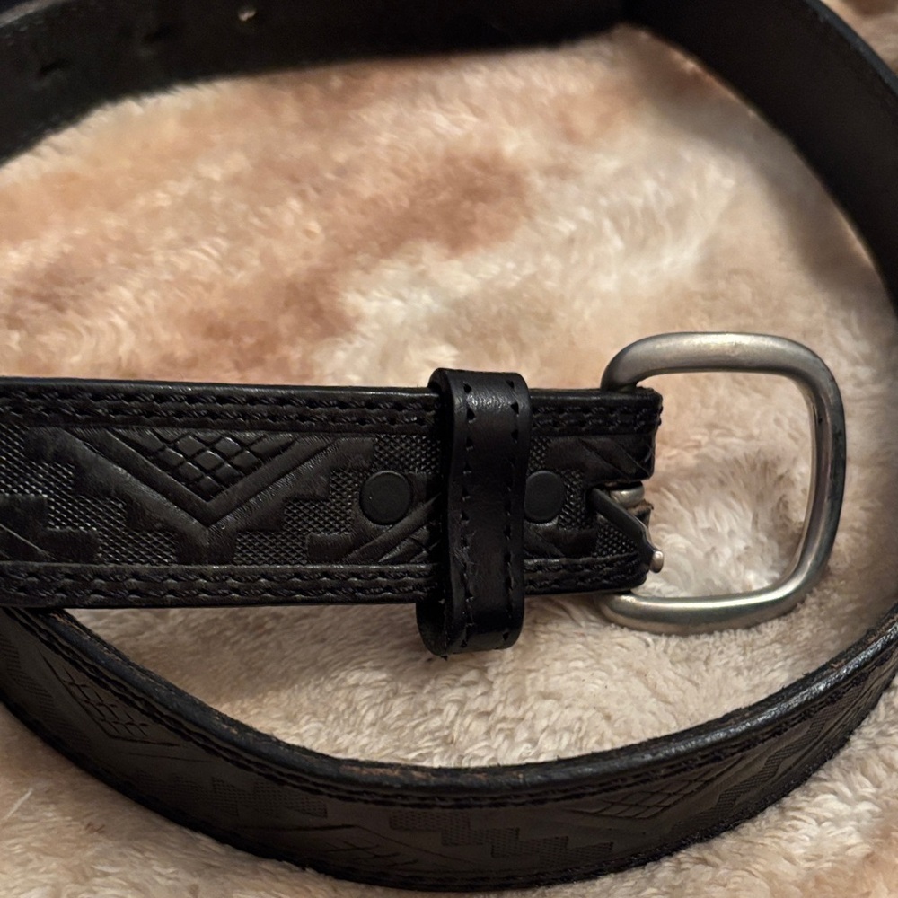 Vintage Handtooled 46” and Men's Black Harness Leather Belt with Silver Buckle
